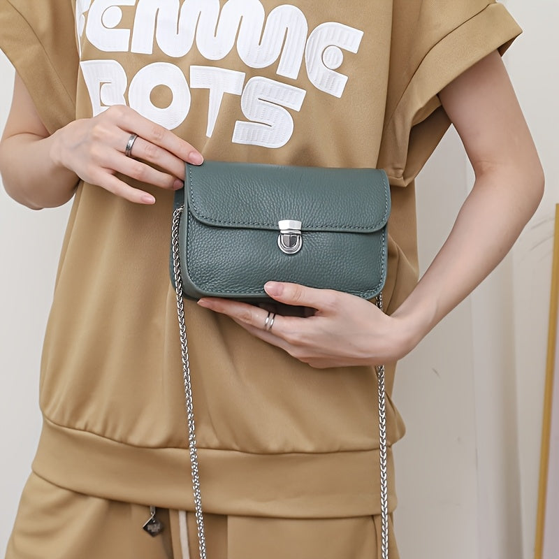 Vintage-Style Genuine Leather Crossbody Bag for Women - Classic Solid Color Shoulder Handbag with Chain Strap, Green Crocodile Texture Design, Elegant and Functional Accessory, Casual Handbag | Vintage Leather Bag | Solid Color Bag