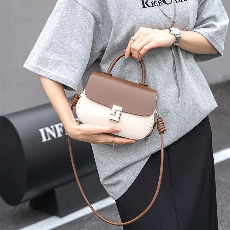 Large Capacity Women's Casual Handbag - Two-Tone Brown & Beige Shoulder Bag with Adjustable Strap, Retro Style, Flap Closure, Perfect for Shopping or Everyday Use