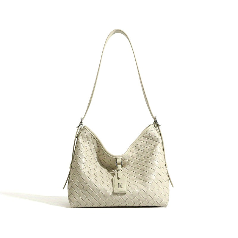 Elegant White Woven Tote Bag with Adjustable Strap - Chic Grid Pattern, Zipper Closure
