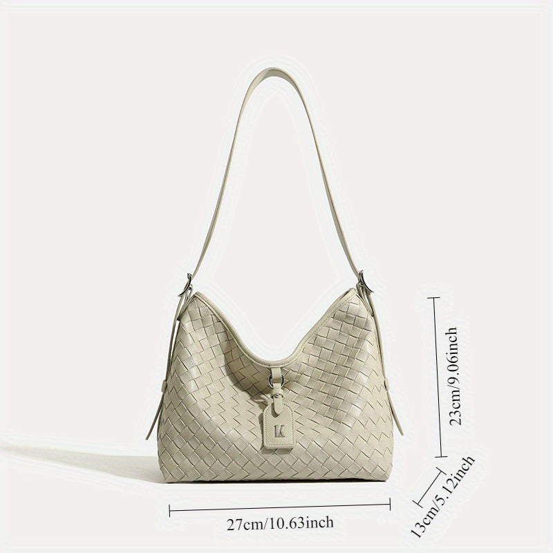 Elegant White Woven Tote Bag with Adjustable Strap - Chic Grid Pattern, Zipper Closure