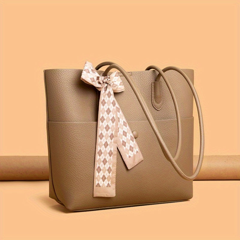Women's Classic Tote Bag with Scarf Accent - Large Capacity Shoulder Bag, Beige with White Patterned Scarf, Casual Everyday Commuter Handbag, Twotiered
