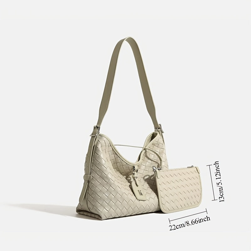 Elegant White Woven Tote Bag with Adjustable Strap - Chic Grid Pattern, Zipper Closure