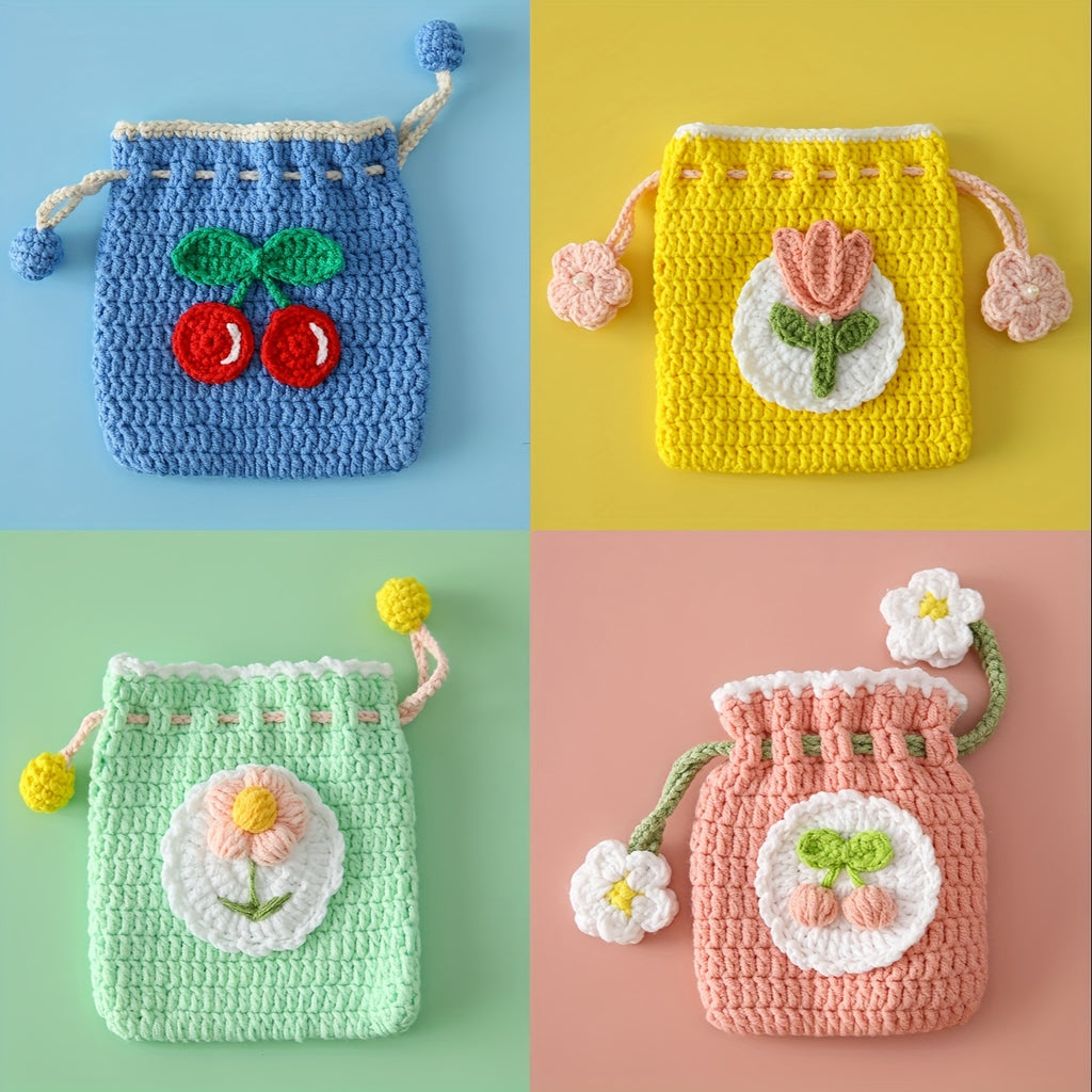 Handmade Crochet Pouch Handmade Crochet Flower Mini Drawstring Pouch | Charming Fleece Coin Purse for Lipstick, Earbuds & Accessories | Ideal Women's Gift