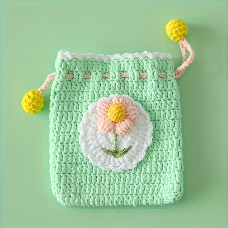 Handmade Crochet Pouch Handmade Crochet Flower Mini Drawstring Pouch | Charming Fleece Coin Purse for Lipstick, Earbuds & Accessories | Ideal Women's Gift