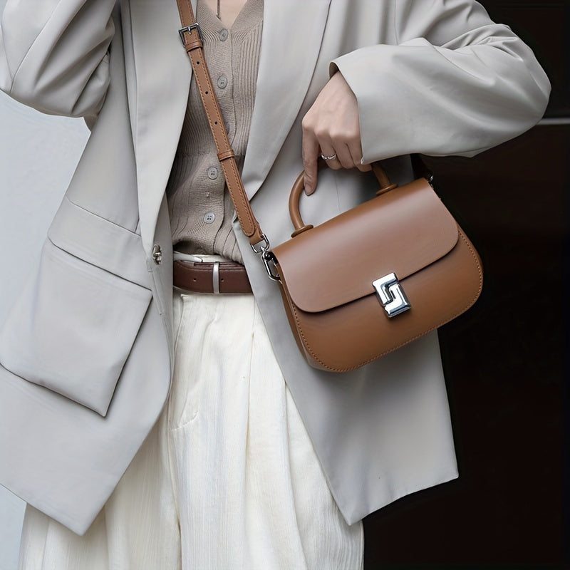 Large Capacity Women's Casual Handbag - Two-Tone Brown & Beige Shoulder Bag with Adjustable Strap, Retro Style, Flap Closure, Perfect for Shopping or Everyday Use