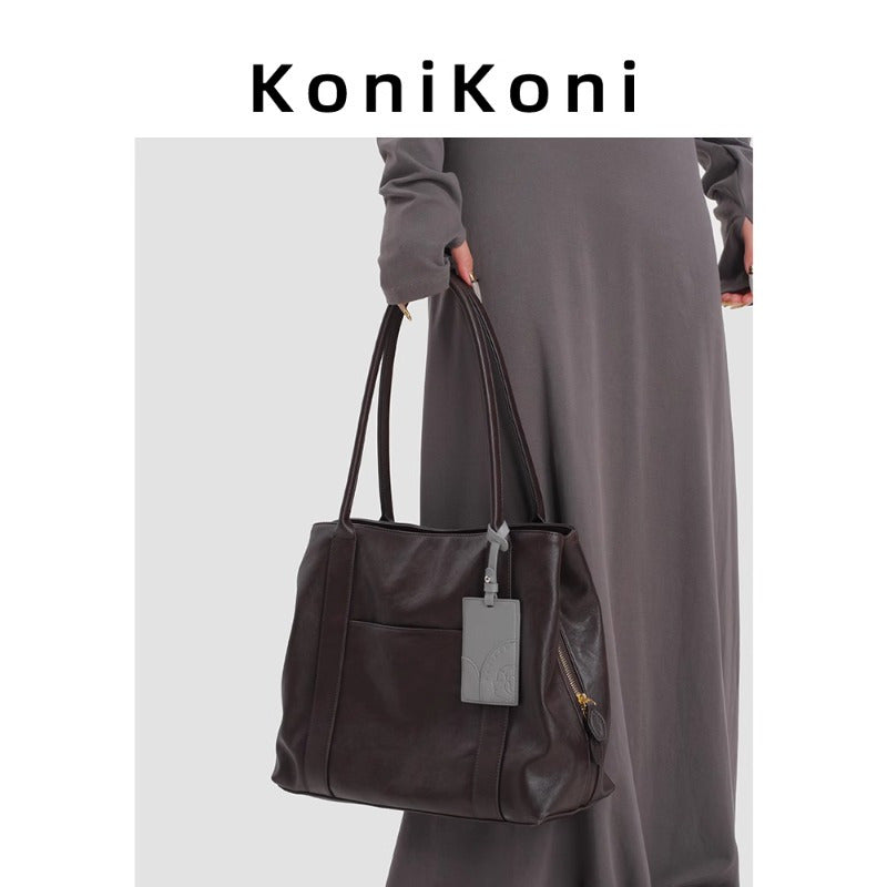 KoniKoni Red Leather Tote Bag - Large Capacity, Durable Edge Paint, Zipper Closure