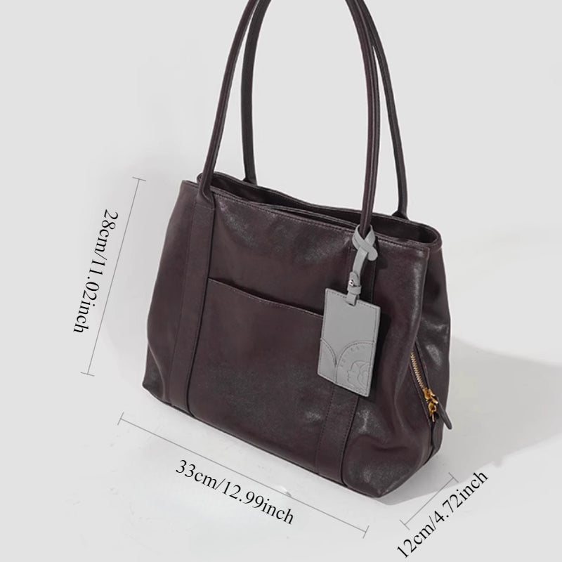 KoniKoni Red Leather Tote Bag - Large Capacity, Durable Edge Paint, Zipper Closure