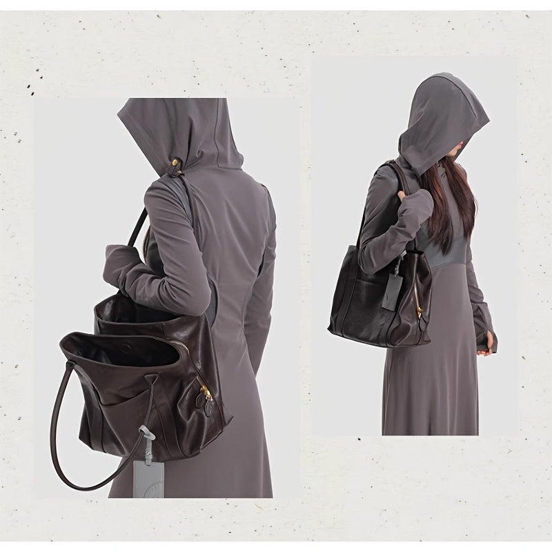 KoniKoni Red Leather Tote Bag - Large Capacity, Durable Edge Paint, Zipper Closure