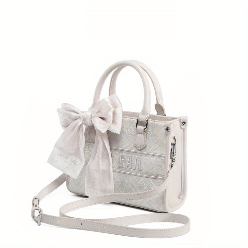 Vintage Embroidered Tote Bag with Adjustable Shoulder Strap & Wrist Strap - Creamy White Second-Layer Leather