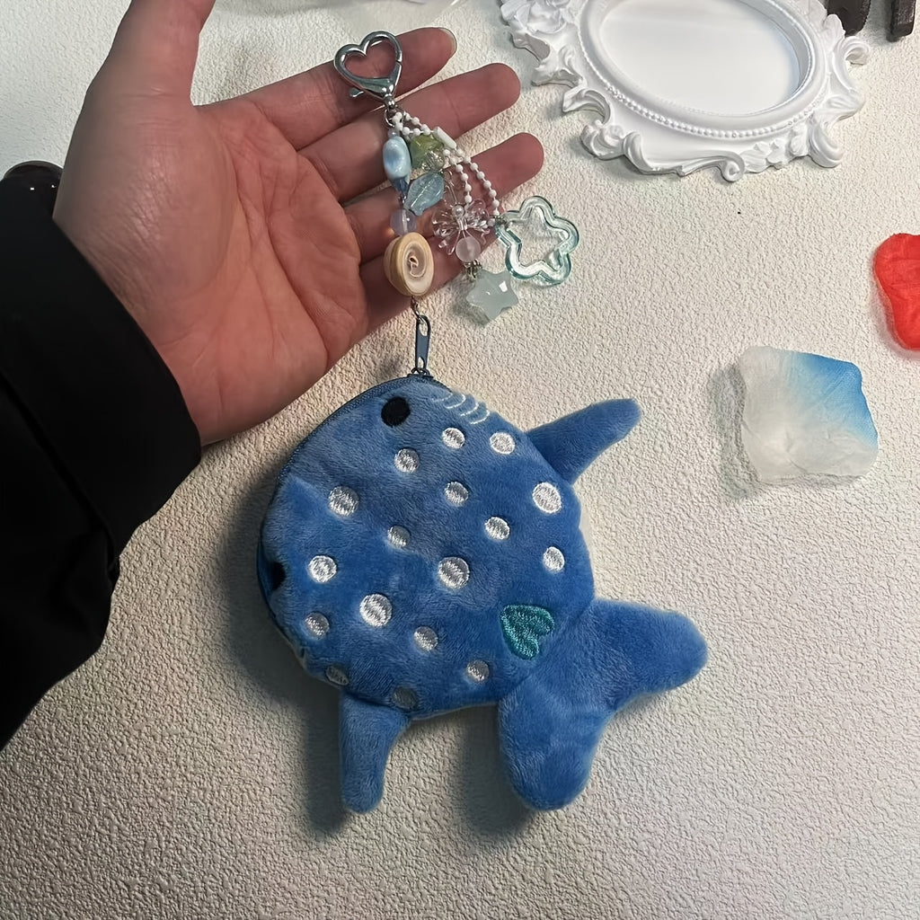 Cartoon Style Handmade Ocean-Themed Whale Shark Coin Purse with Beaded Keychain, Zip Closure, Polyurethane Lining, and Zip Pocket - Perfect Valentine'S Day Gift for Girls