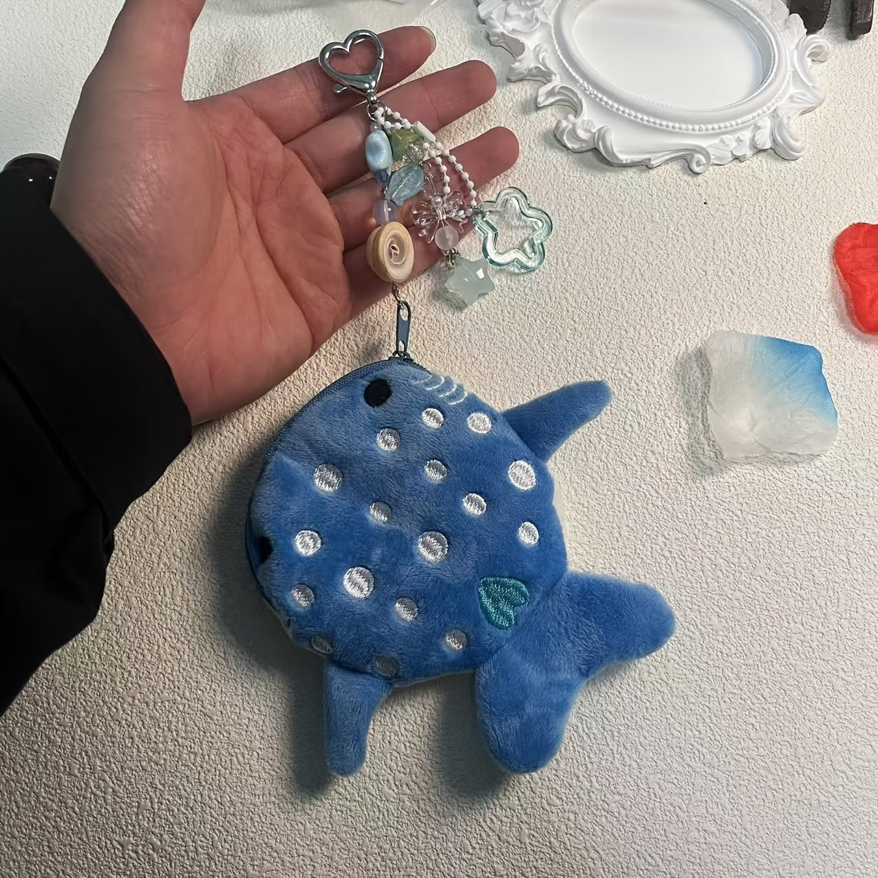 Cartoon Style Handmade Ocean-Themed Whale Shark Coin Purse with Beaded Keychain, Zip Closure, Polyurethane Lining, and Zip Pocket - Perfect Valentine'S Day Gift for Girls
