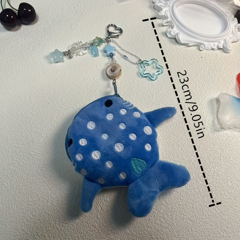 Cartoon Style Handmade Ocean-Themed Whale Shark Coin Purse with Beaded Keychain, Zip Closure, Polyurethane Lining, and Zip Pocket - Perfect Valentine'S Day Gift for Girls
