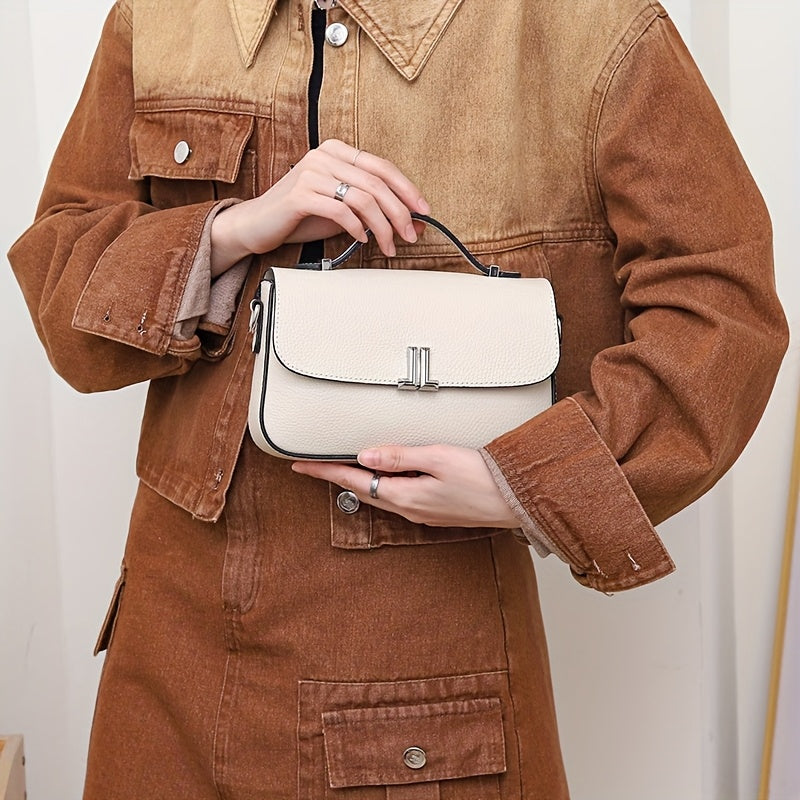 Stylish Genuine Genuine Leather Crossbody Bag with Detachable Shoulder Strap & Magnetic Closure - Compact Handbag for Women, Top-Grain Genuine Leather, Multiple Colors (Beige\u002FGray\u002F\u002FBlue\u002FBlack) - Perfect for Shopping & Daily Use