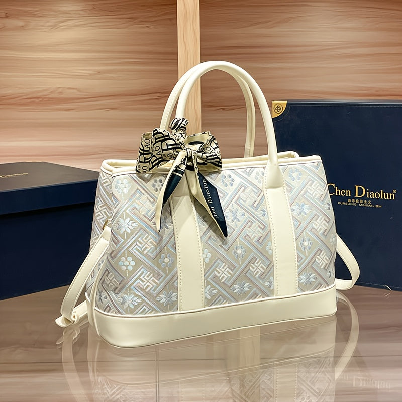 2025 New Vintage-Inspired Large Capacity Tote Bag for Women - Elegant Beige Synthetic with Geometric Pattern, Detachable Shoulder Strap & Zipper Closure