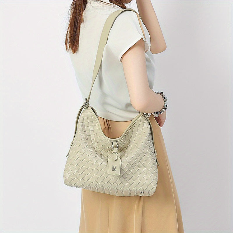 Elegant White Woven Tote Bag with Adjustable Strap - Chic Grid Pattern, Zipper Closure