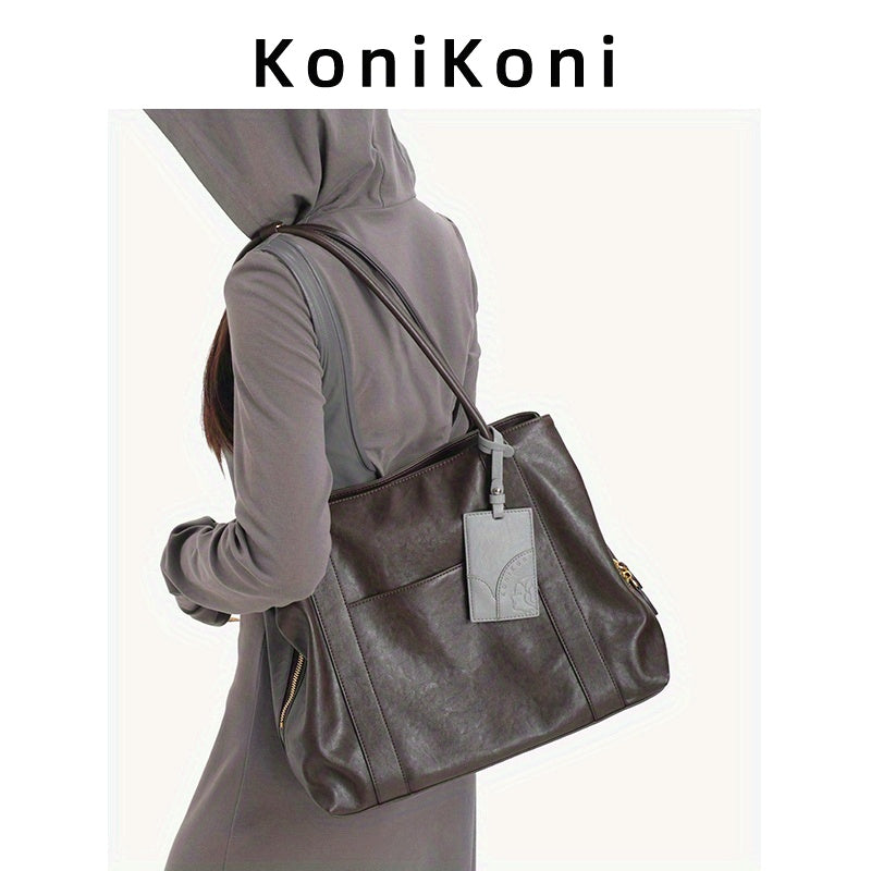 KoniKoni Red Leather Tote Bag - Large Capacity, Durable Edge Paint, Zipper Closure