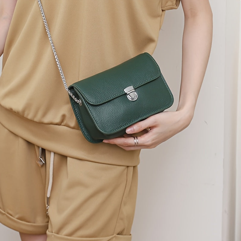 Vintage-Style Genuine Leather Crossbody Bag for Women - Classic Solid Color Shoulder Handbag with Chain Strap, Green Crocodile Texture Design, Elegant and Functional Accessory, Casual Handbag | Vintage Leather Bag | Solid Color Bag