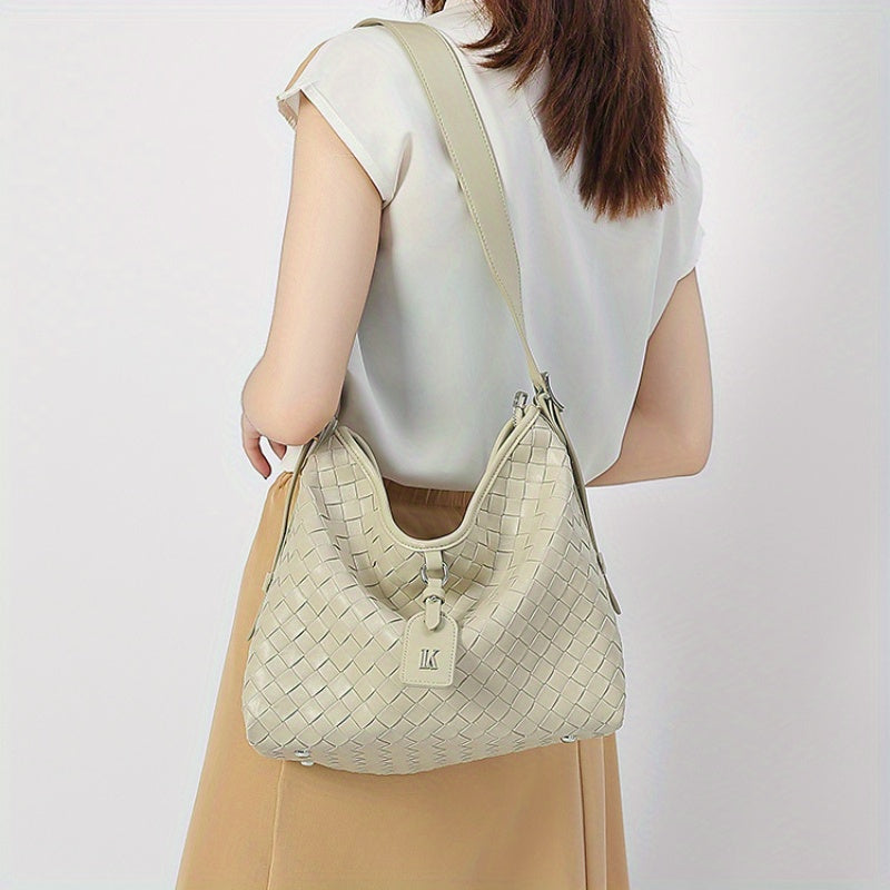 Elegant White Woven Tote Bag with Adjustable Strap - Chic Grid Pattern, Zipper Closure