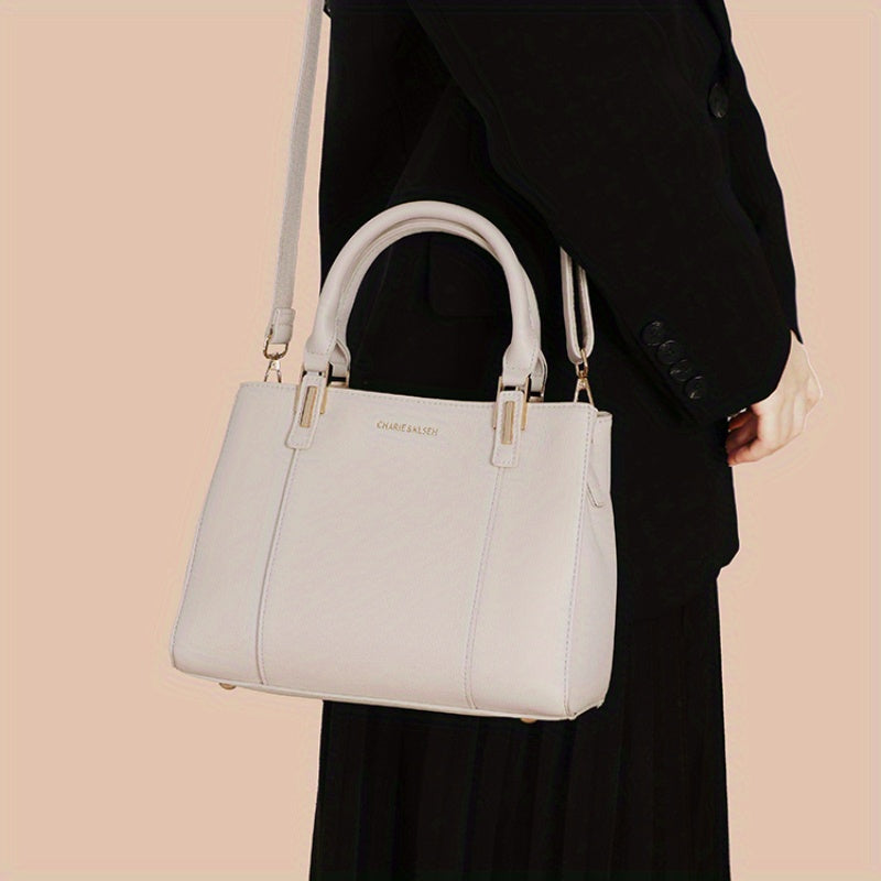 Elegant Light Beige Tote Bag with Detachable Strap, Zip Closure, and Polyester Lining - Versatile Daily Commuter Handbag, Handbag