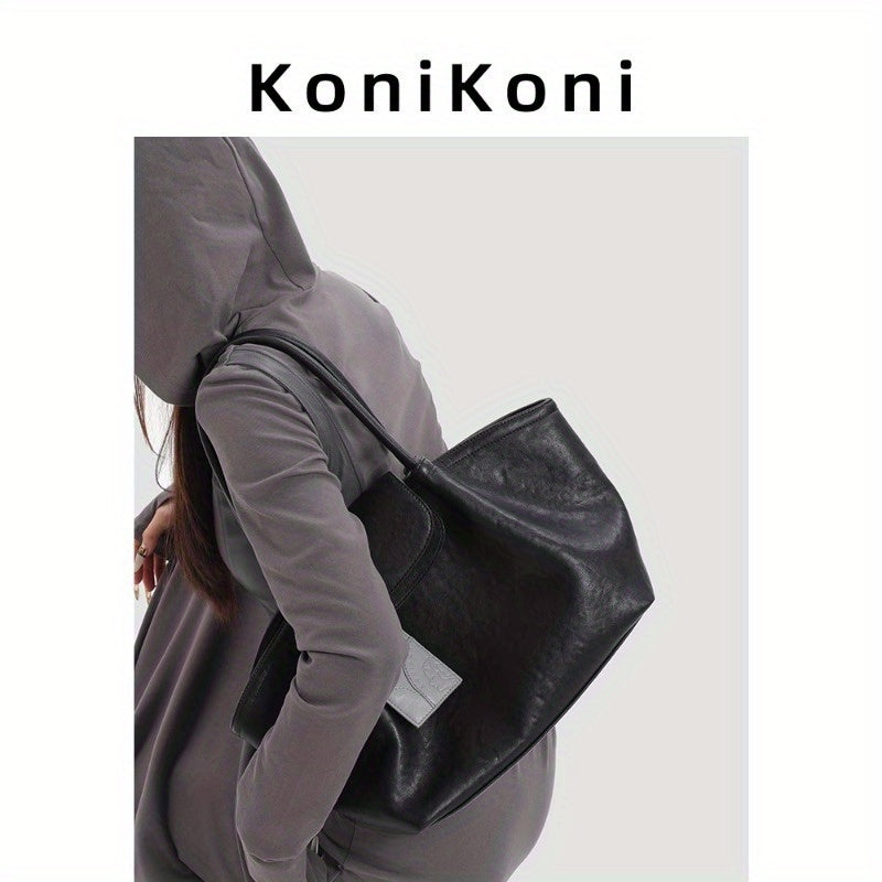 KoniKoni Genuine Leather Niche Black Large Capacity Tote Bag for Women, New Commuter Shoulder Handbag