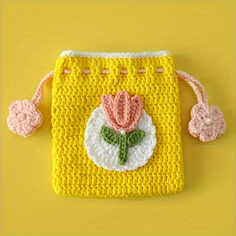 Handmade Crochet Pouch Handmade Crochet Flower Mini Drawstring Pouch | Charming Fleece Coin Purse for Lipstick, Earbuds & Accessories | Ideal Women's Gift