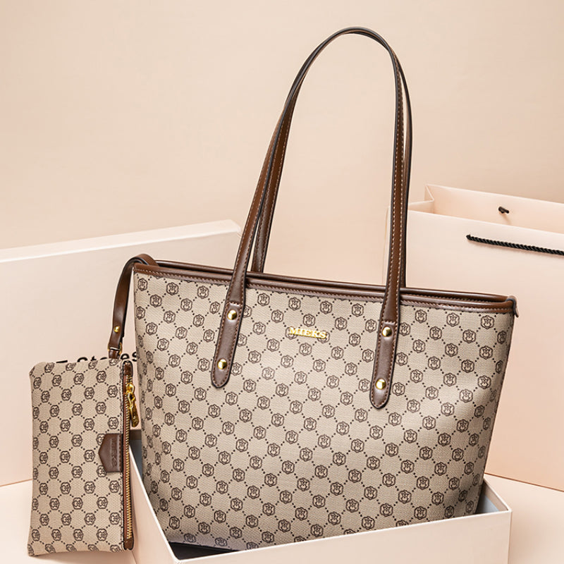 Chic Vintage-Inspired Tote Bag for Women - Spacious Khaki PVC Shoulder Handbag with Zip Closure