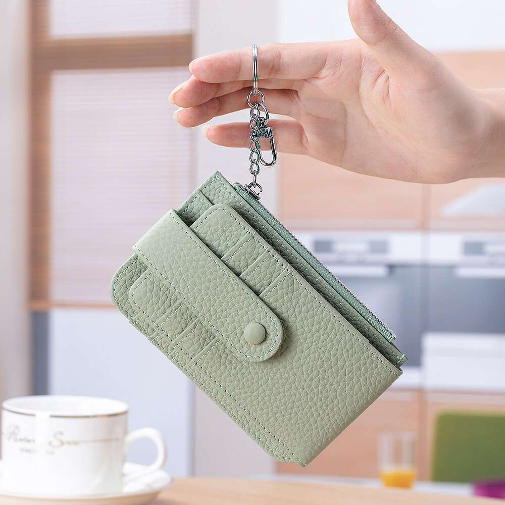 Women'S Genuine Leather Coin Purse with Multiple Card Slots - Slim Mint Green Mini Wallet, Snap Closure & Keychain, Compact Portable Design for Everyday Use, Coin Purse Storage, Stylish Accessory, Textured Finish