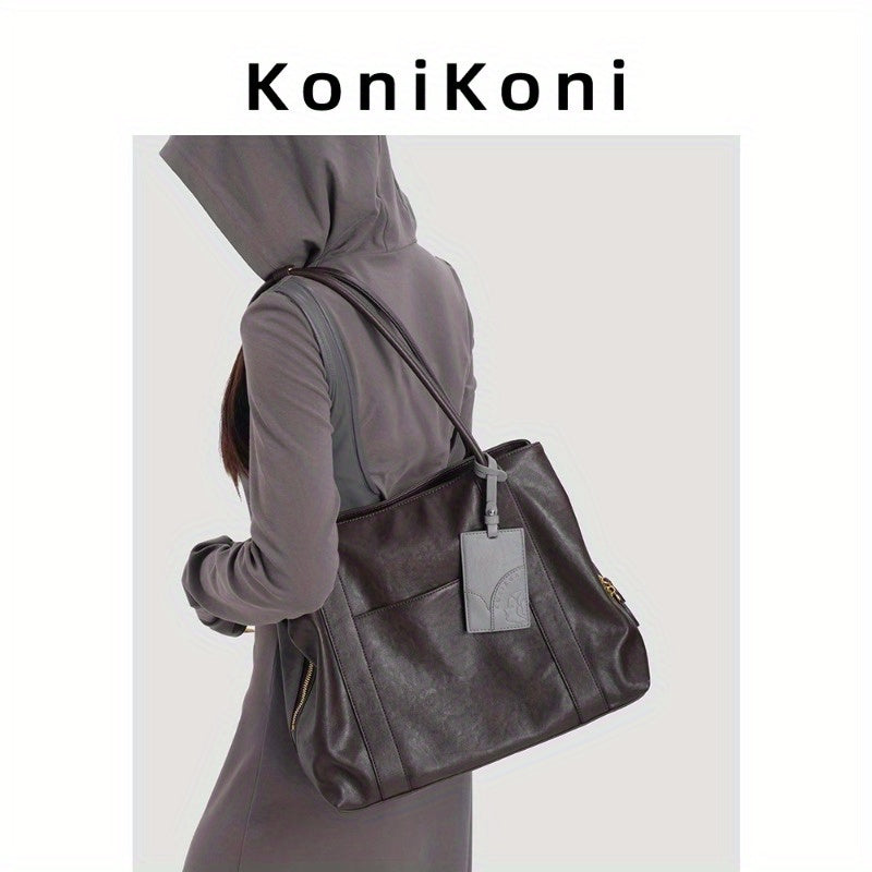 KoniKoni Red Leather Tote Bag - Large Capacity, Durable Edge Paint, Zipper Closure