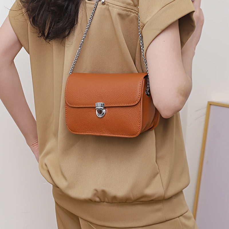 Vintage-Style Genuine Leather Crossbody Bag for Women - Classic Solid Color Shoulder Handbag with Chain Strap, Green Crocodile Texture Design, Elegant and Functional Accessory, Casual Handbag | Vintage Leather Bag | Solid Color Bag