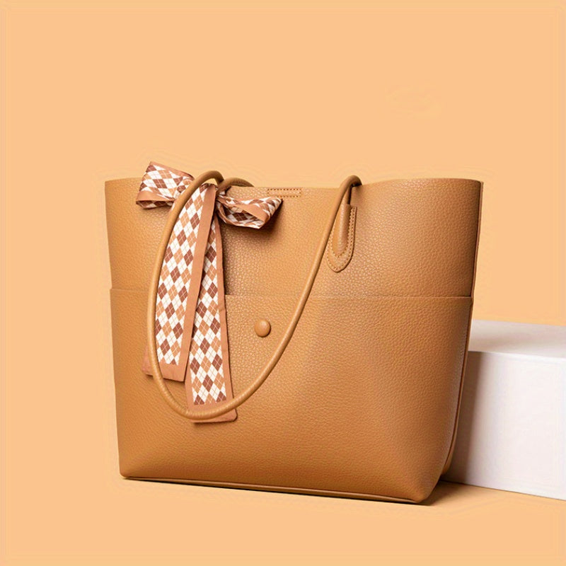 Women's Classic Tote Bag with Scarf Accent - Large Capacity Shoulder Bag, Beige with White Patterned Scarf, Casual Everyday Commuter Handbag, Twotiered