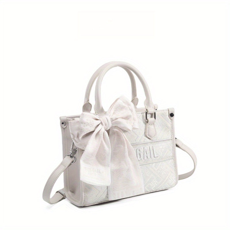 Vintage Embroidered Tote Bag with Adjustable Shoulder Strap & Wrist Strap - Creamy White Second-Layer Leather