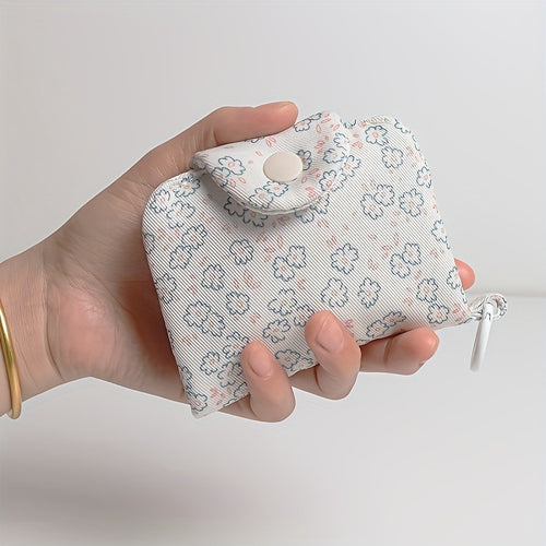 2 mini flower card holders&coin purse - pink, blue-green, small flower white background design, secure zipper closure, portable keychain style Women's small wallet, compact and durable card coin storage bag