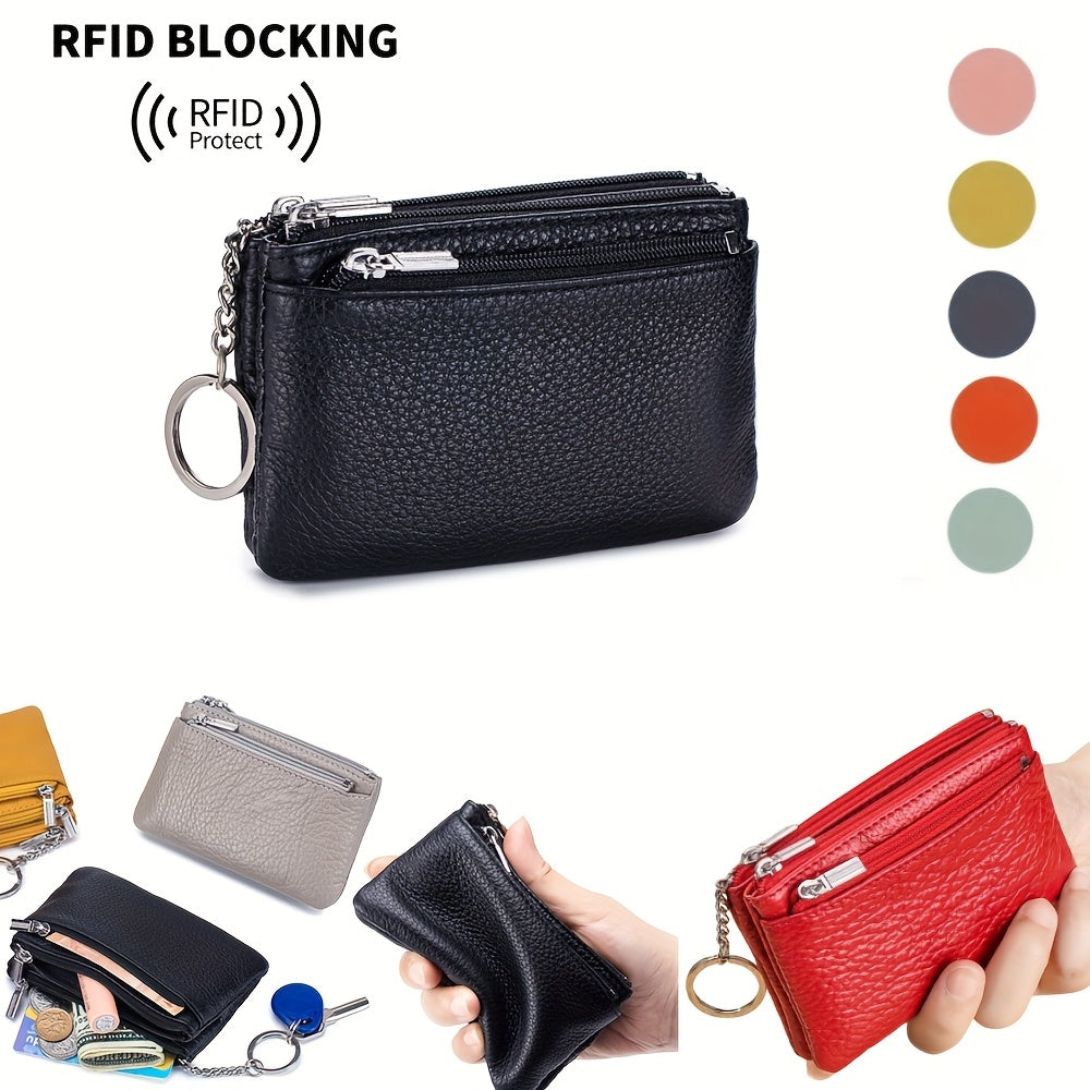 OBCREATOR Genuine Leather Coin Purse for Women & Men - 3-Zipper Secure Closure, Compact Multi-Compartment Wallet with Keychain, RFID Blocking (Black\u002FRed\u002FGrey\u002FOrange\u002FGreen\u002FPink)