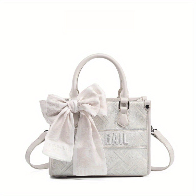 Vintage Embroidered Tote Bag with Adjustable Shoulder Strap & Wrist Strap - Creamy White Second-Layer Leather