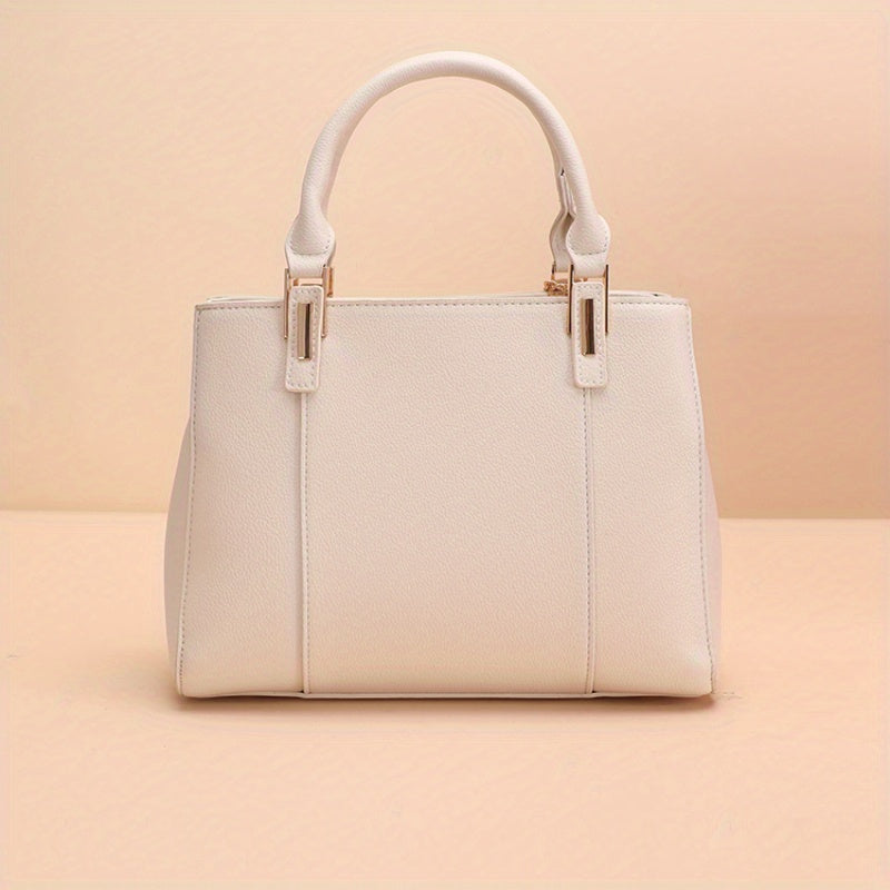 Elegant Light Beige Tote Bag with Detachable Strap, Zip Closure, and Polyester Lining - Versatile Daily Commuter Handbag, Handbag