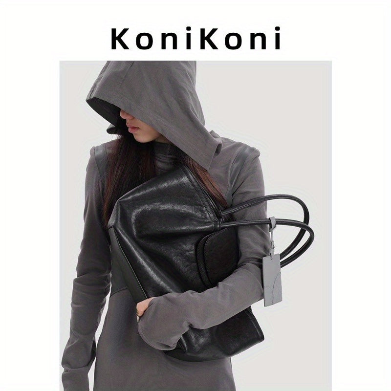 KoniKoni Genuine Leather Niche Black Large Capacity Tote Bag for Women, New Commuter Shoulder Handbag