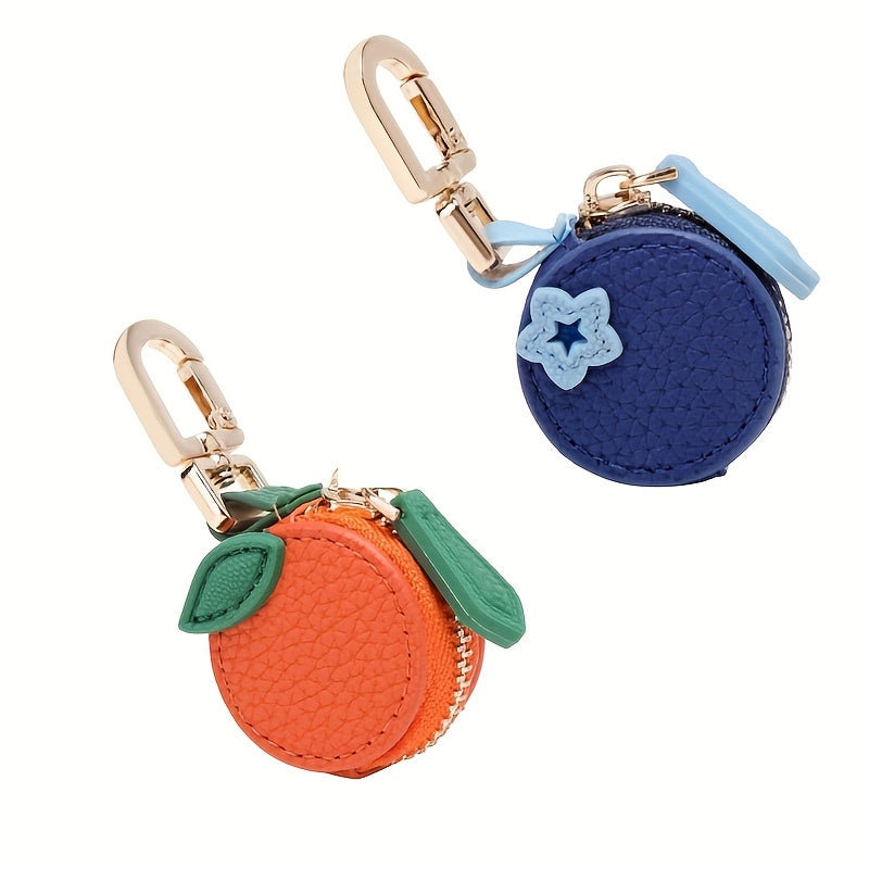 Minimalist Fresh Fruit Keychain, Mini Coin Purse with Keyring, Ultra-Fine Fiber Blueberry & Orange Charm, High Quality Zipper Closure Golden Ring, Cute Fruit Design, Bluetooth Headphone Multi-Function Pouch, Women's Holiday Gift, Delicate Accessory