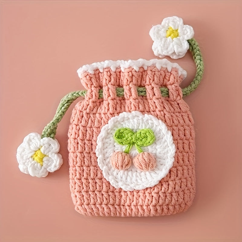 Handmade Crochet Pouch Handmade Crochet Flower Mini Drawstring Pouch | Charming Fleece Coin Purse for Lipstick, Earbuds & Accessories | Ideal Women's Gift
