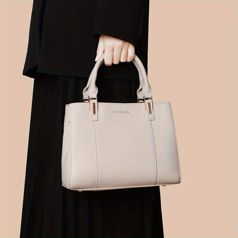 Elegant Light Beige Tote Bag with Detachable Strap, Zip Closure, and Polyester Lining - Versatile Daily Commuter Handbag, Handbag