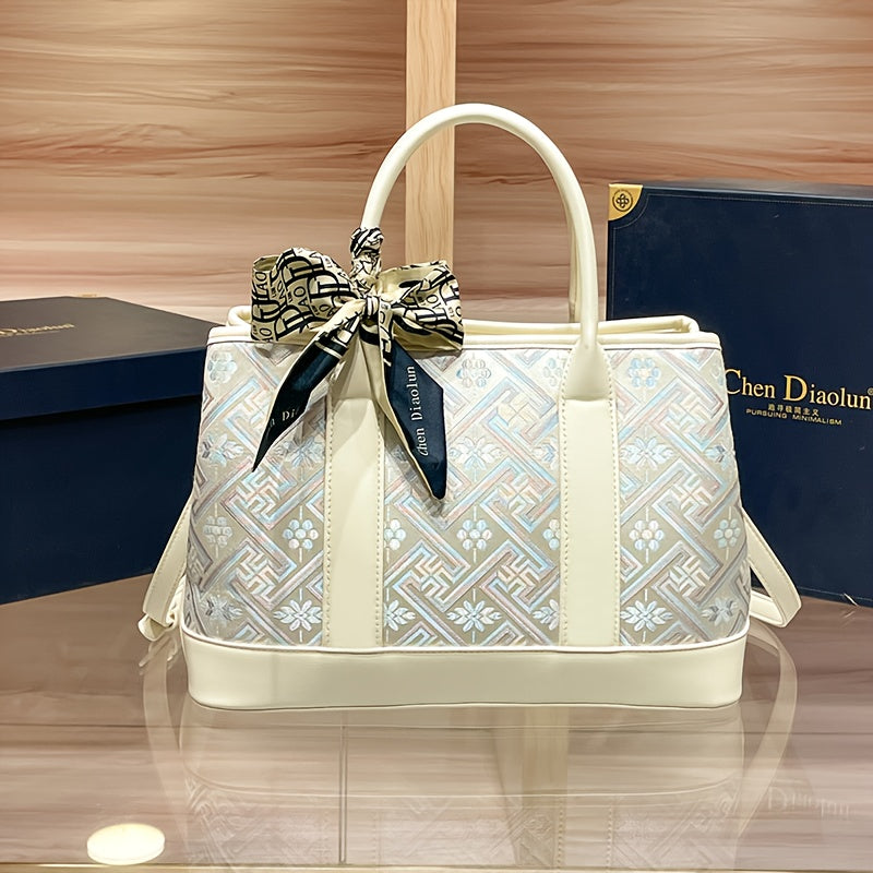 2025 New Vintage-Inspired Large Capacity Tote Bag for Women - Elegant Beige Synthetic with Geometric Pattern, Detachable Shoulder Strap & Zipper Closure