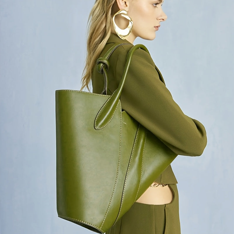 Elegant Green Synthetic Tote Bag for Women - Chic Shoulder & Handbag with Golden-Tone Hardware