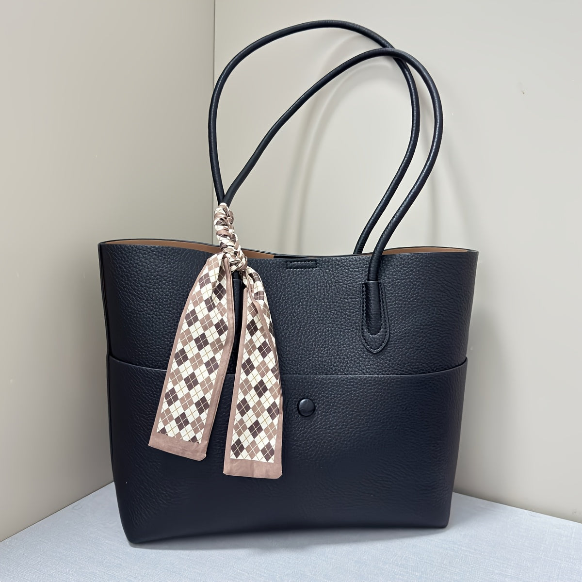 Women's Classic Tote Bag with Scarf Accent - Large Capacity Shoulder Bag, Beige with White Patterned Scarf, Casual Everyday Commuter Handbag, Twotiered