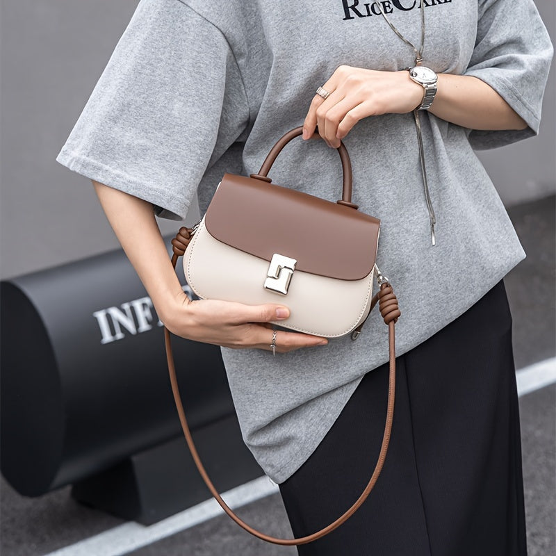 Large Capacity Women's Casual Handbag - Two-Tone Brown & Beige Shoulder Bag with Adjustable Strap, Retro Style, Flap Closure, Perfect for Shopping or Everyday Use