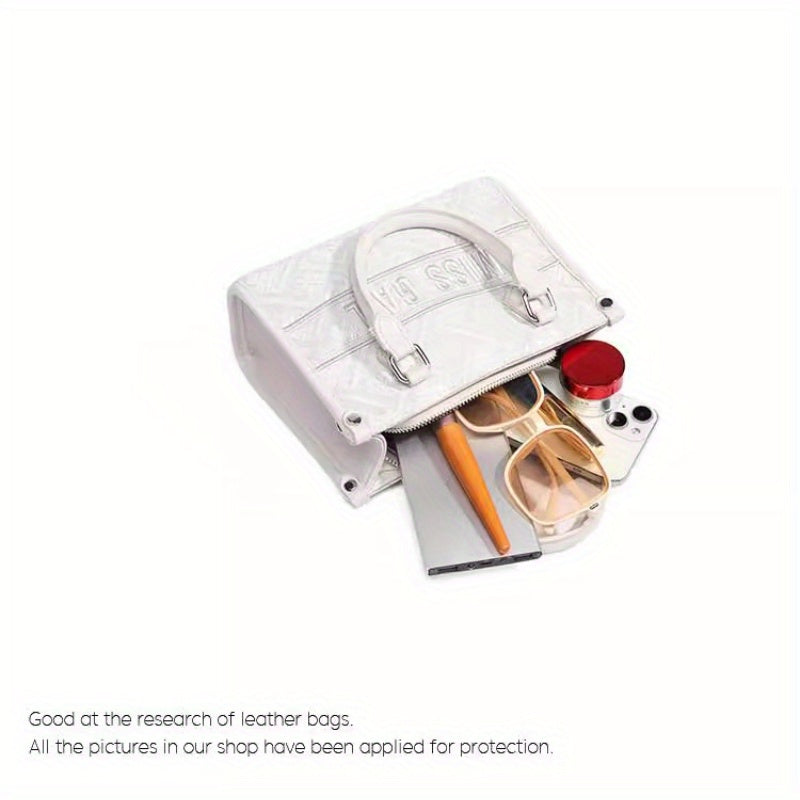 Vintage Embroidered Tote Bag with Adjustable Shoulder Strap & Wrist Strap - Creamy White Second-Layer Leather