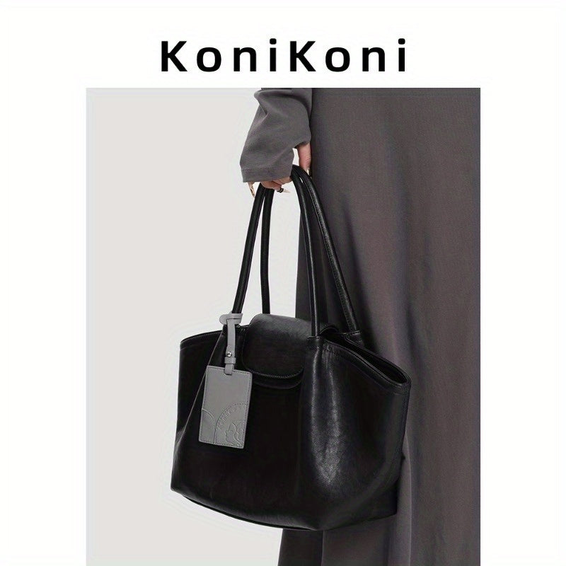 KoniKoni Genuine Leather Niche Black Large Capacity Tote Bag for Women, New Commuter Shoulder Handbag