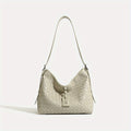 Elegant White Woven Tote Bag with Adjustable Strap - Chic Grid Pattern, Zipper Closure
