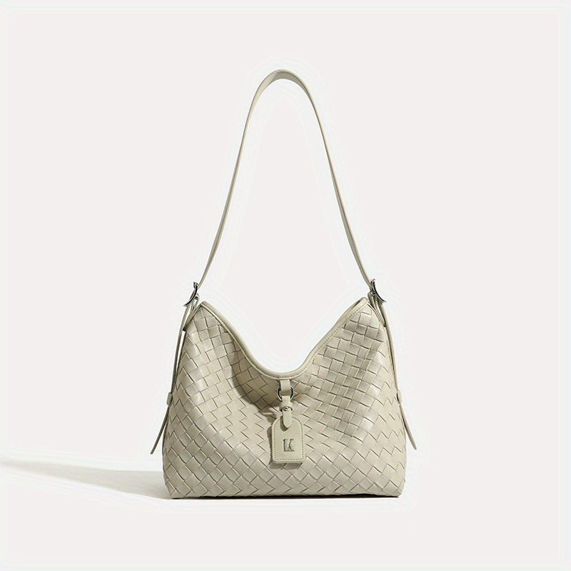 Elegant White Woven Tote Bag with Adjustable Strap - Chic Grid Pattern, Zipper Closure