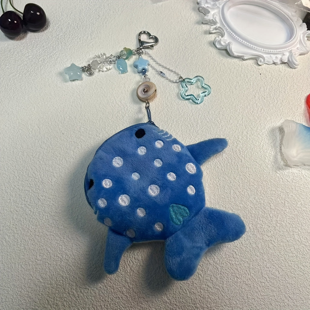 Cartoon Style Handmade Ocean-Themed Whale Shark Coin Purse with Beaded Keychain, Zip Closure, Polyurethane Lining, and Zip Pocket - Perfect Valentine'S Day Gift for Girls