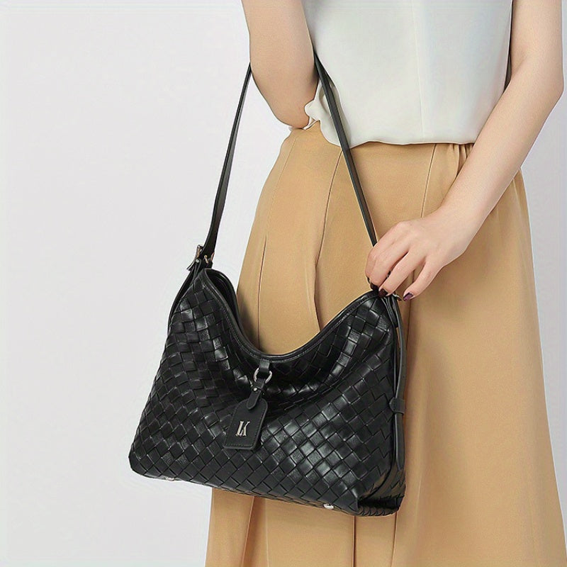 Elegant White Woven Tote Bag with Adjustable Strap - Chic Grid Pattern, Zipper Closure