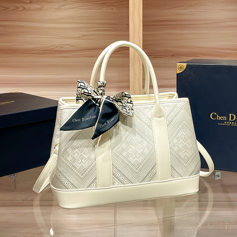 2025 New Vintage-Inspired Large Capacity Tote Bag for Women - Elegant Beige Synthetic with Geometric Pattern, Detachable Shoulder Strap & Zipper Closure